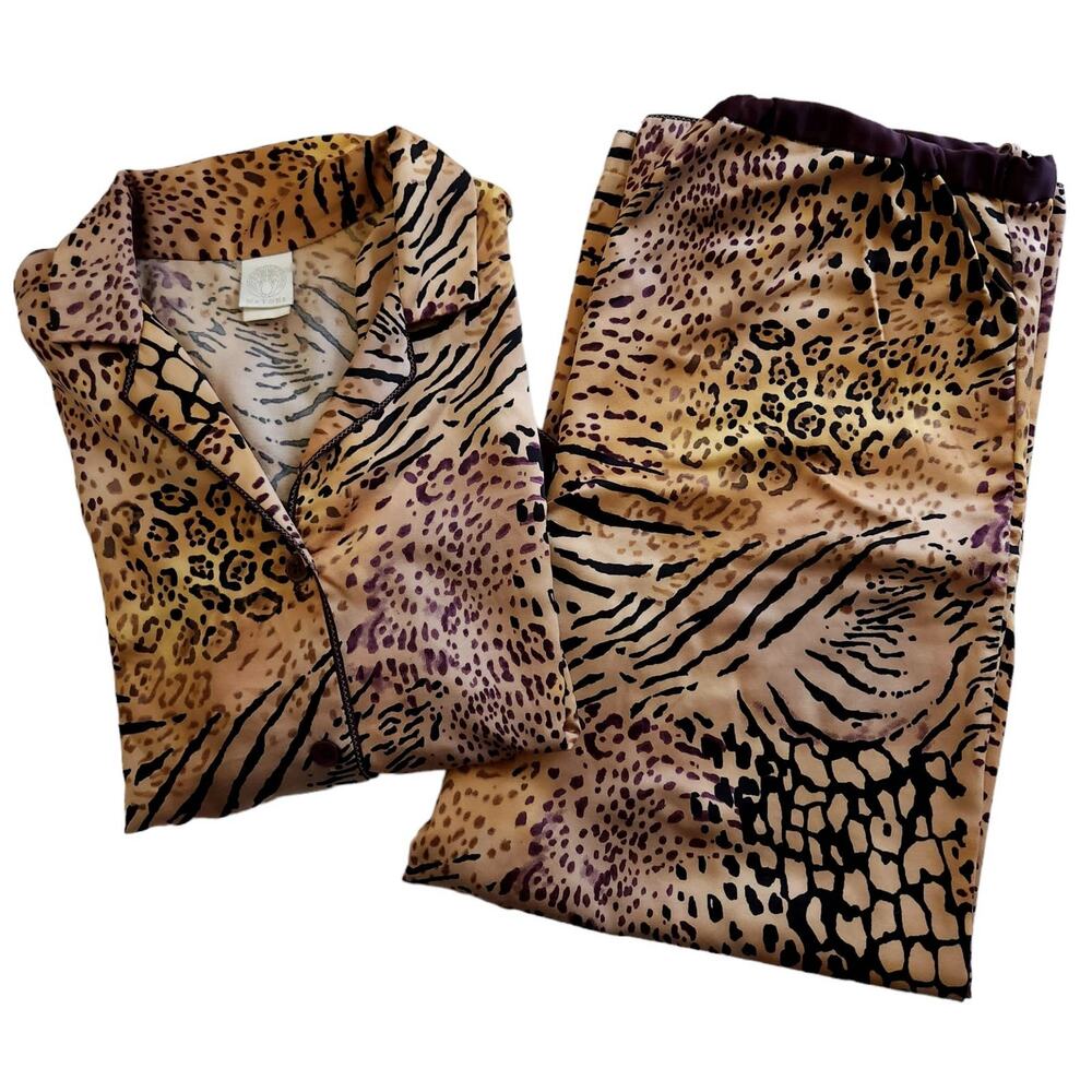 NATORI 2 pc leopard animal print silky lounge pajama pjs set crop pants top Sz S - Picture 10 of 10